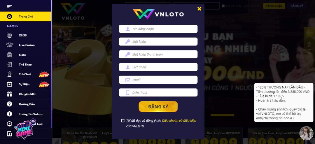 Mỗi người chơi phải có một tài khoản tại VNloto