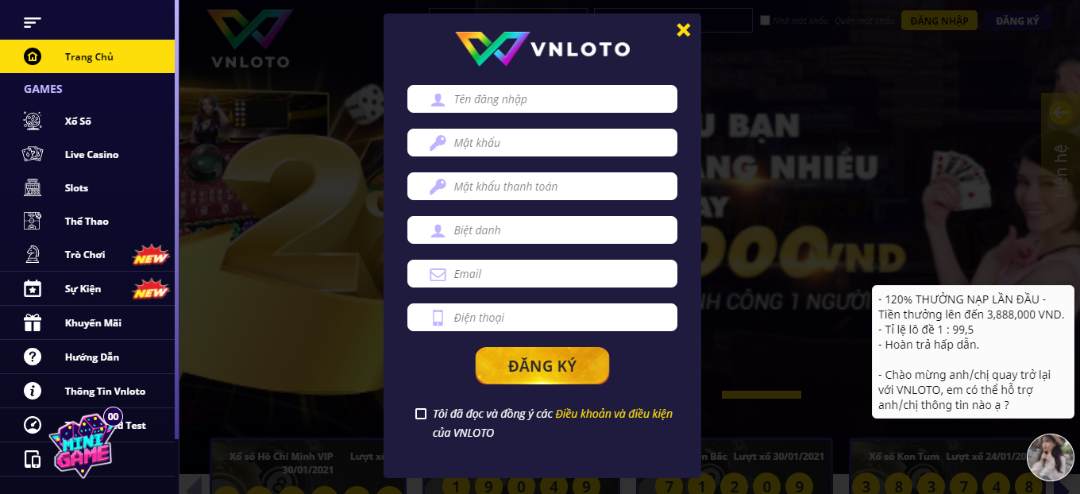 Vnloto đăng nhập theo quy trình đơn giản
